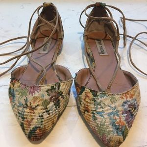 cross-stitch floral patterned, lace-up flats
